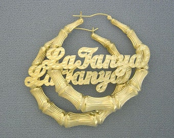 10K or 14K Yellow Gold Personalized Diamond Cut Name Hollow Round Bamboo Earrings 2.2 Inches