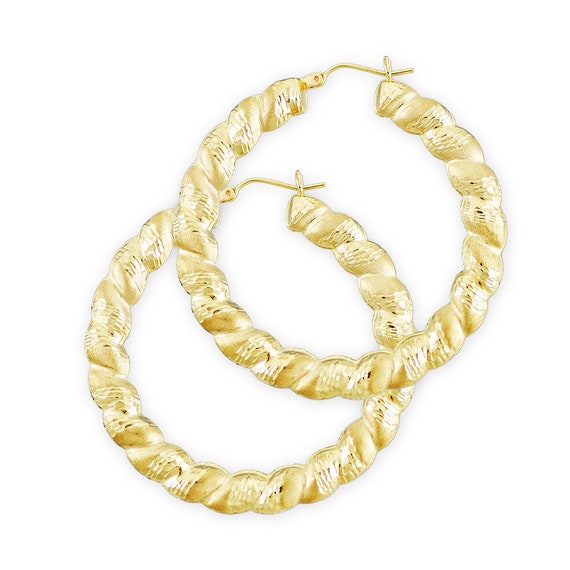 Buy 10k Gold Twisted Round Diamond Cuts Door Knocker Hollow Hoop - Main Image