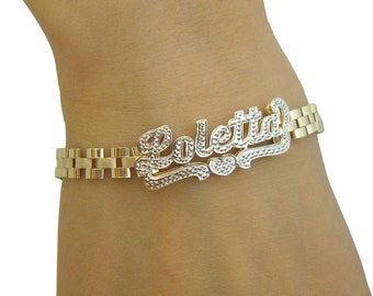 10K Gold Personalized Name 6 mm Watch Band Style Bracelet Anklet Diamond Accent 3D Double Plates Customized Jewelry