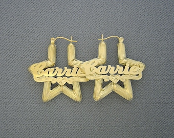 10K Gold Star Bamboo Personalized Name Earrings 1.3 Inch Diamond Cut Nameplate Hoops