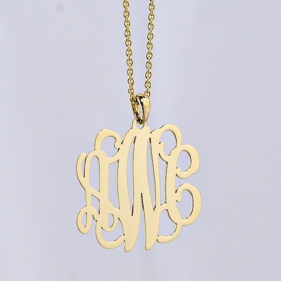 Small 3//4 Inch Circle Monogram Pendant Solid 14k White Gold Personalized 3 Initials Laser Cut Jewelry