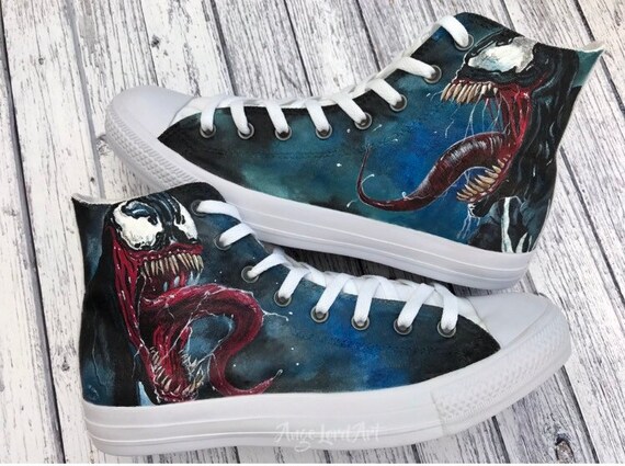 Custom Painted Marvel Venom inspired Converse Hi Tops shoes sneakers. Ready for immidiate shipping in a UKUS mens size 11 Custom Painted Marvel Venom inspired Converse Hi Tops shoes sneakers. Ready for immidiate shipping in a UKUS mens size 11