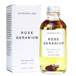 Rose Geranium Vegan Body Oil. Relaxation Natural Moisturizer. Spa Massage Organic Oil with Rose Flowers. Luxurious Hydration