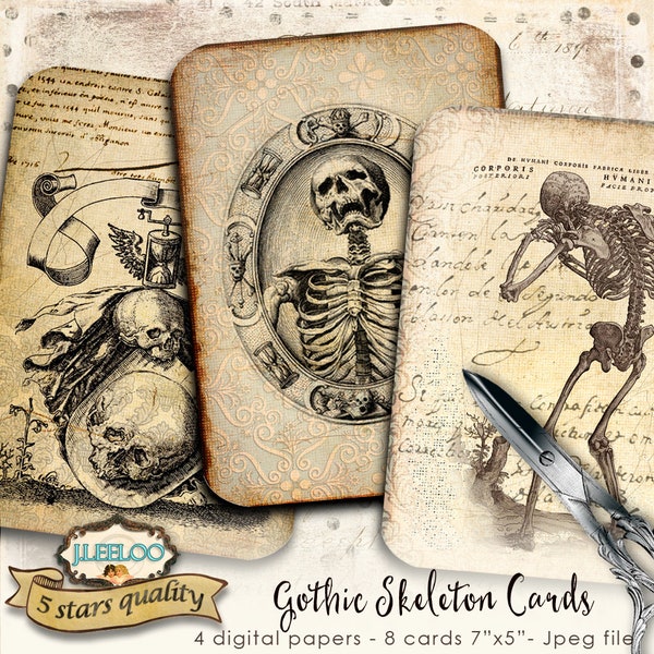 GOTHIC SKELETON cards 5x7 inch Digital collage sheet gothic steampunk journal craft art diary scrapbook instant download printable pp421