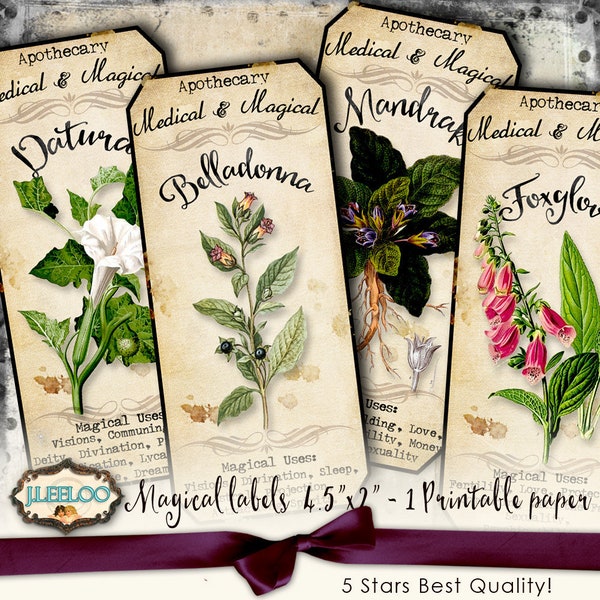 MAGICAL HERBS tags label potion poison Witch bottle jar Halloween scary instant download printable images digital collage sheet tl196