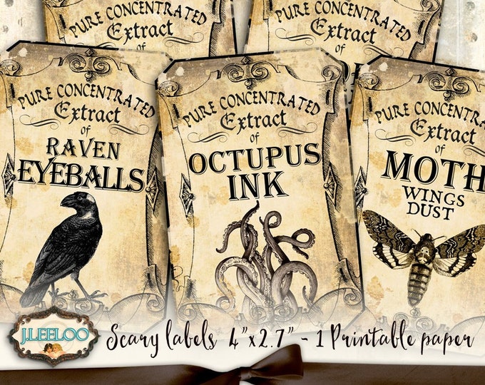 SCARY LABELS 4 x 2.7 inch Digital collage sheet gothic apothecary journal craft art diary scrapbook instant download printable tl194