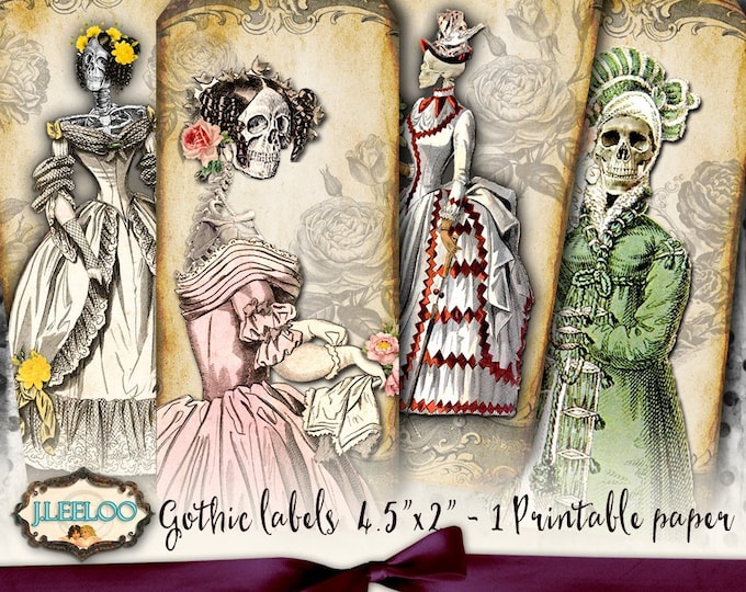 SKELETON REGENCY gothic Halloween label tag apothecary clipart crafting paper art scrap Digital collage sheet instant download tl195