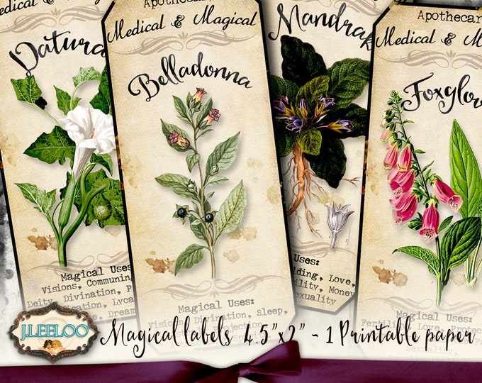MAGICAL HERBS tags label potion poison Witch bottle jar Halloween scary instant download printable images digital collage sheet tl196
