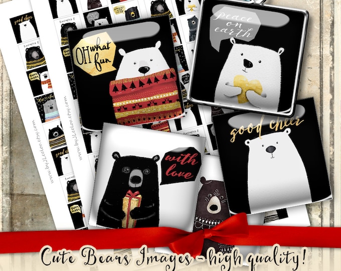 CUTE BEARS  hand-drawn clipart square 1 inch holidays christmas pendant magnet craft hand painting download printable paper qu493