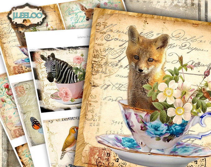 TEACUP WITH FRIENDS 4x4 inch digital images coaster magnet scrapbook instant download printable transfer iron on qu498