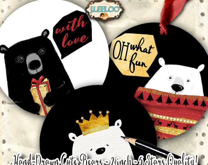 CUTE BEARS  hand drawn holidays 2 inch watercolor pendant magnet craft gold christmas clipart digital download printable paper tn565