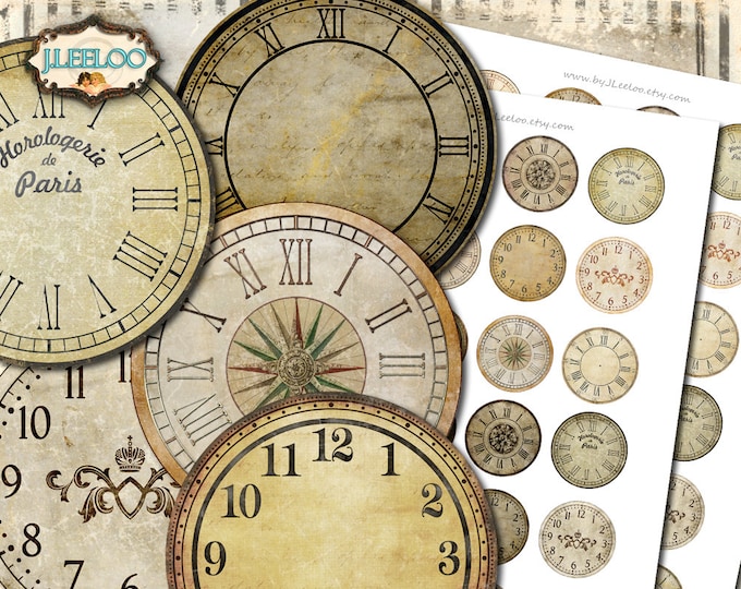 VINTAGE CLOCK 1.5 inch circle printable clock face grunge dirty antique for pendant magnet and craft instant download diy tn540