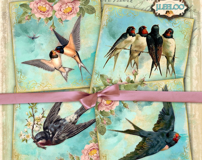 SWALLOWS 4x4 inch Images Printable Collage Sheet for Coasters Greeting cards Magnets Gift tags Iron on transfer qu465