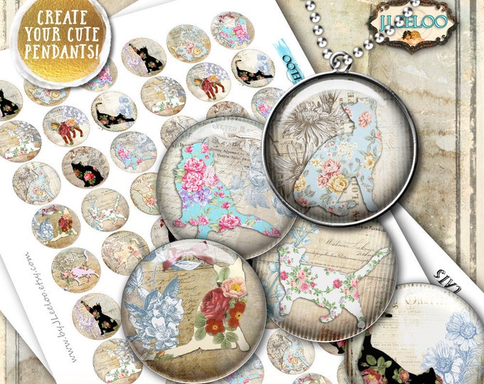 CATS 1 inch circle silhouette scrapbooking printable vintage ephemera  backgrounds Instant Download digital collage sheet tn554