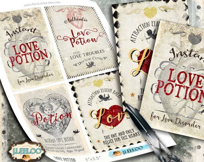 LOVE POTION vintage postcard background Valentine Digital collage sheet vintage jewelry holder paper goods scrapbooking ephemera pp398