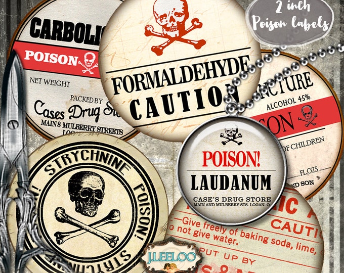 Digital paper POISON 2 inch circle goth apothecary labels arsenic magnet stickers mirrors pendant instant download printable tn535