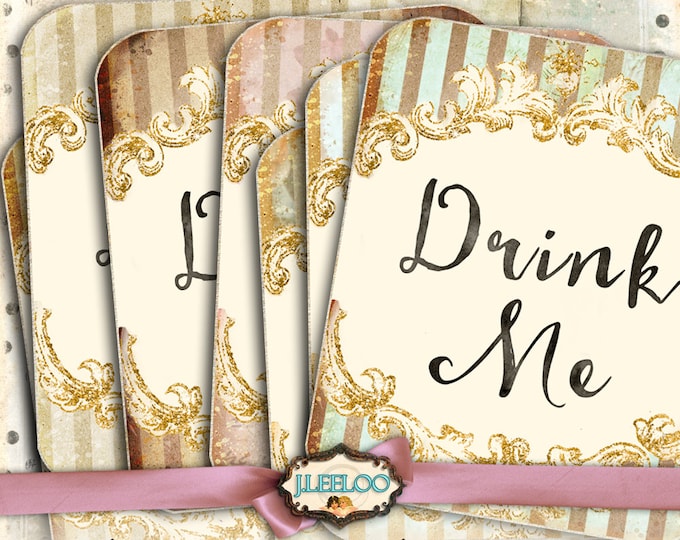 DRINK ME Alice in Wonderland hang tags cards Shabby chic printable greeting cards Digital collage sheet vintage instant download tl187