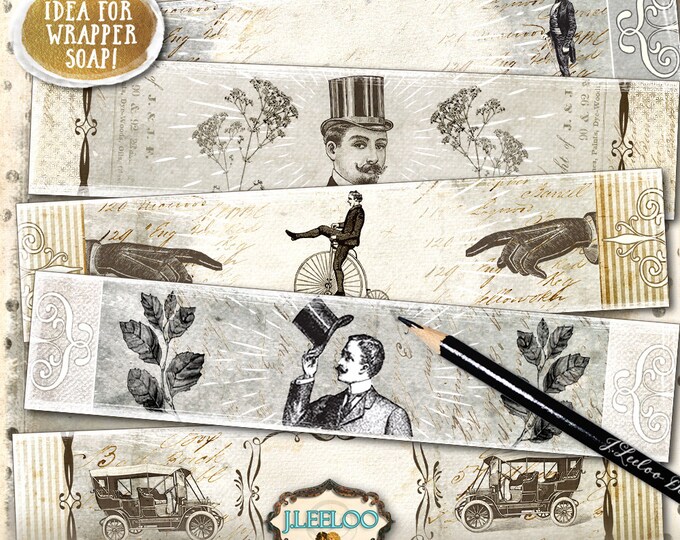 WRAPPER VINTAGE printable vintage soap wrap bookmarks Digital sheet instant download men hat background papers pp371