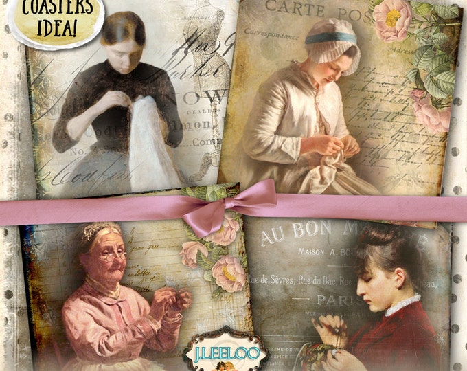 SEWING PAINTING 4x4 inch square coaster images painting for transfer magnet scrapbook instant download digital collage printable qu495