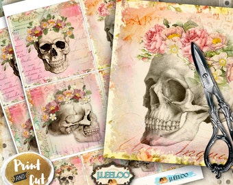 Digital collage COASTER SKULL dias de los muertos square hang tags labels coaster printable instant download background papers qu501