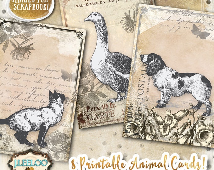 ANIMAL CARDS digital graphics Tattered digital collage sheet instant download hang tags printable paper goods jewelry holder pp420