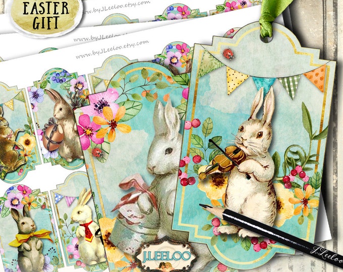 EASTER TAGS rabbit bottle jar apothecary labels springtime party grunge tag instant download printable digital collage sheet tl184