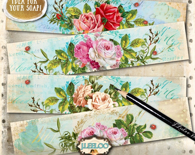 WRAPPER ROSES printable vintage soap wrap  bookmarks Digital sheet instant download Shabby Chic dots stripes background papers pp378