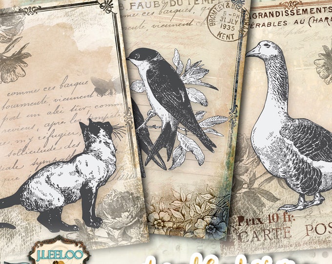 ANIMAL CARDS tags digital download printable collage sheet embellishments diary art jewelry holder papers label craft background ac305