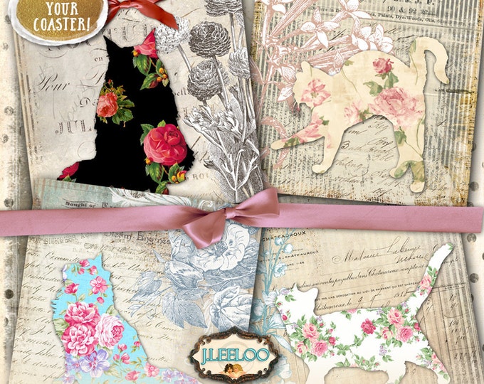 CATS 4x4 inch ephemera printable backgrounds Coaster iron on cards squares 4 x 4 inch Instant Download digital collage sheet qu505