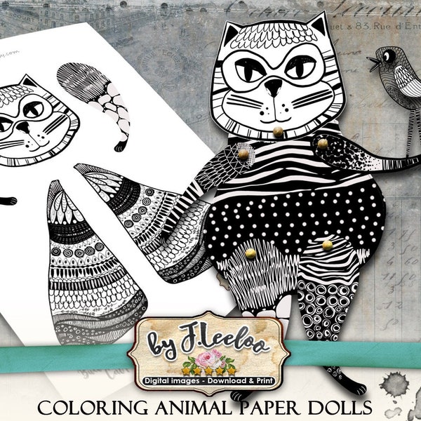 ANIMAL Paper Dolls digital veränderte Kunst färbbar Articated Digital Collage Blatt für Journal Seite Scrapbook Tagebuch Kunst printable pp476