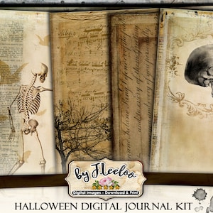 May include: Halloween digital journal kit featuring vintage-style pages with a skeleton, skull, and botanical elements. The pages have a distressed, aged appearance with text and musical notes. The kit includes the text "by J. Leeloo" and "Halloween Digital Journal Kit."