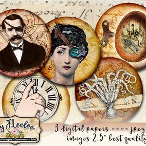 STEAMPUNK 2.5" printable and download digital collage sheet for scrapbook junk journal magnets cabochon TN576