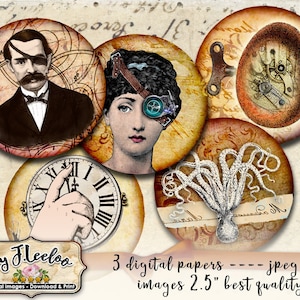 STEAMPUNK 2.5&quot; printable and download digital collage sheet for scrapbook junk journal magnets cabochon TN576