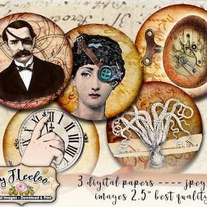 STEAMPUNK 2.5" printable and download digital collage sheet for scrapbook junk journal magnets cabochon TN576