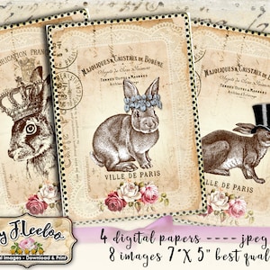 KRÓLIK POCZTÓWKA do druku Wielkanocny króliczek 5 x 7 cali cyfrowy arkusz efemeryda vintage scrapbook natychmiastowe pobranie pp448