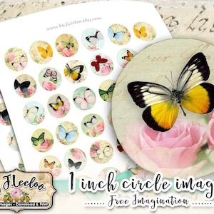 BUTTERFLIES digital collage sheet 1 inch circle butterfly for pendant magnet bezel craft instant download printable download tn578