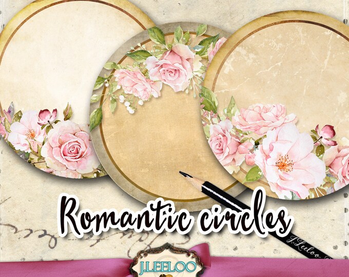 ROMANTIC 2.5 inch circle editable shabby chic writable images pendant magnet roses printable topper instant download tn574