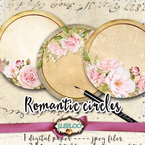 May include: Three printable digital paper circles with a vintage, distressed background and pink watercolor floral designs. The text "Romantic circles" is written in black at the bottom of the image. The text "1 digital paper -- jpeg files images 2.5" -- editable -- 5 stars quality!" is written in black at the bottom of the image.