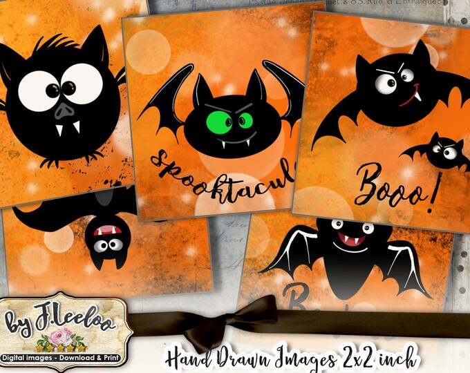 HALLOWEEN BATS 2 inch square hand drawn for party magnets scrapbook pendants Digital collage for instant download  qu518