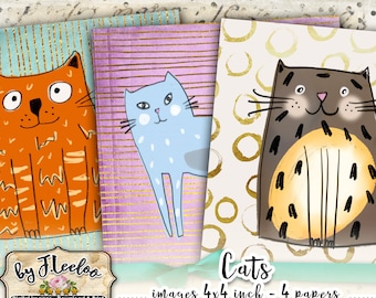 CATS 4x4 inch hand drawn coaster digital paper square large scrapbook magnet instant download printable image qu518