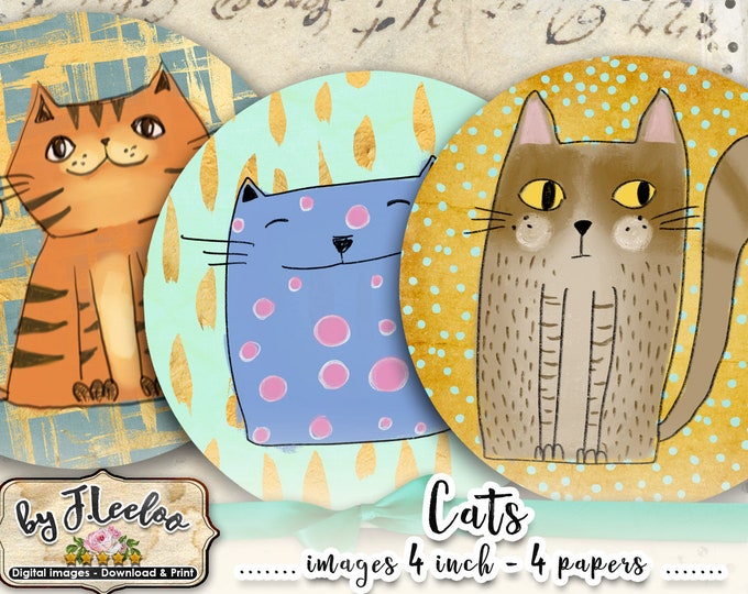 CATS 4 inch hand drawn round digital paper circle large scrapbook coaster magnet instant download printable image tn583