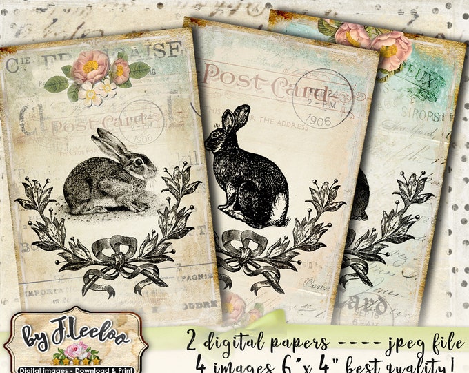 RABBIT printable Easter tattered cards vintage for scrapbook Instant Download digital collage sheet pp444