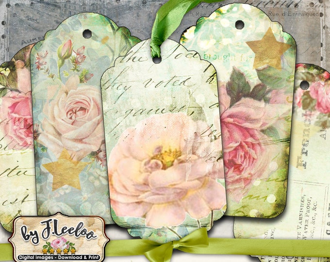 SMALL TAGS digital french shabby chic roses paper goods for craft art Digital collage instant download printable tl210
