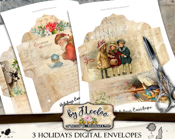 HOLIDAYS ENVELOPES invitation Christmas cards Shabby Digital collage sheet scrapbook hobby diy vintage instant download pp471