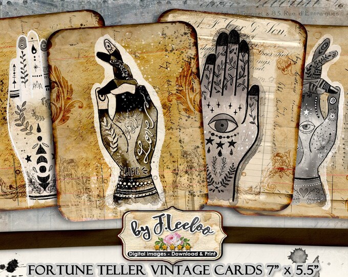 FORTUNE TELLER 4 carte disegnate a mano Collage digitale foglio gotico steampunk diario scrapbook download immediato stampabile pp477