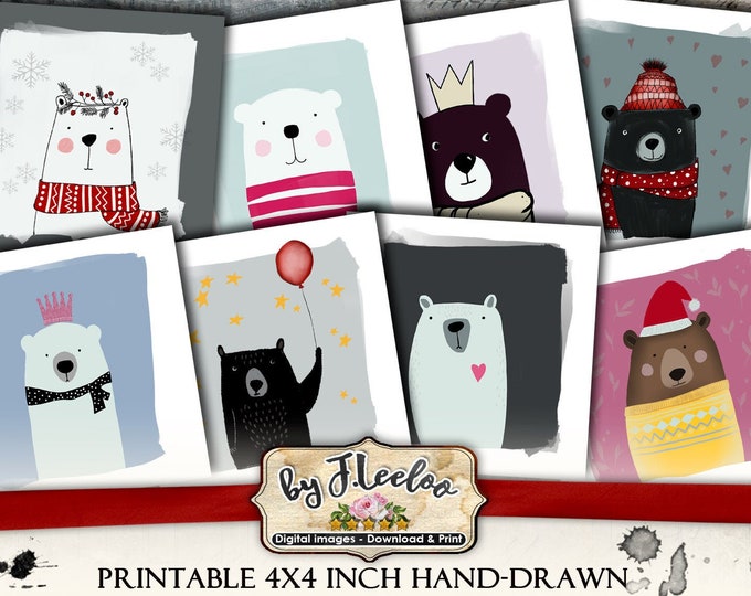 BEARS hand drawn illustration 4x4 inch square digital collage sheet paper coaster magnet stickers instant download printable qu521