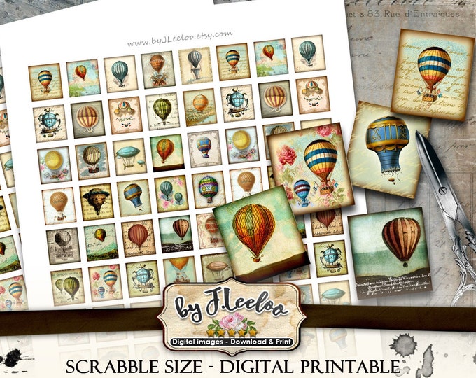 FLY In The SKY printable .83x.75 inch montgolfier hot air balloon france victorian - Digital collage sheet download background paper - sc160