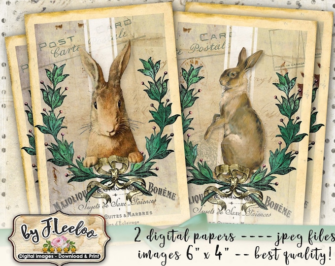 VINTAGE RABBIT printable cards Easter tattered vintage for scrapbook Instant Download digital collage sheet pp445