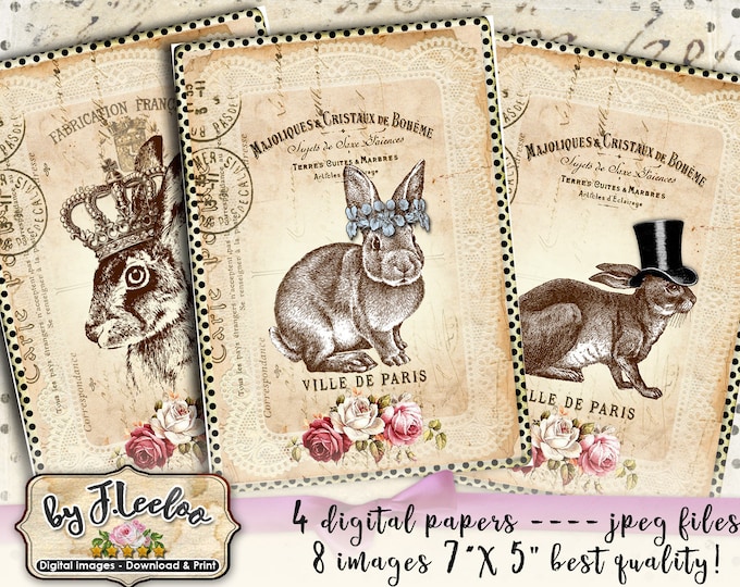 RABBIT POSTCARD  printable Easter bunny 5x7 inch digital sheet ephemera vintage scrapbook instant download pp448