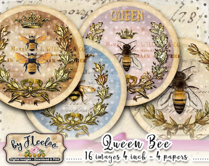 QUEEN BEES 4 inch round digital paper circle large french scrapbook coaster magnet instant download printable image qu570